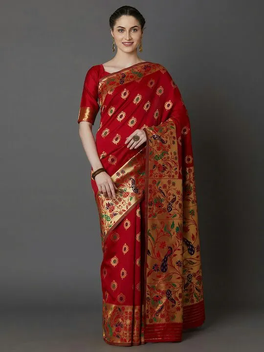 Mitera Navy red & Gold-Toned Silk Blend Woven Design Banarasi Saree Rs.32950 uploaded by RAJGHRANAA COUTURE on 5/30/2024