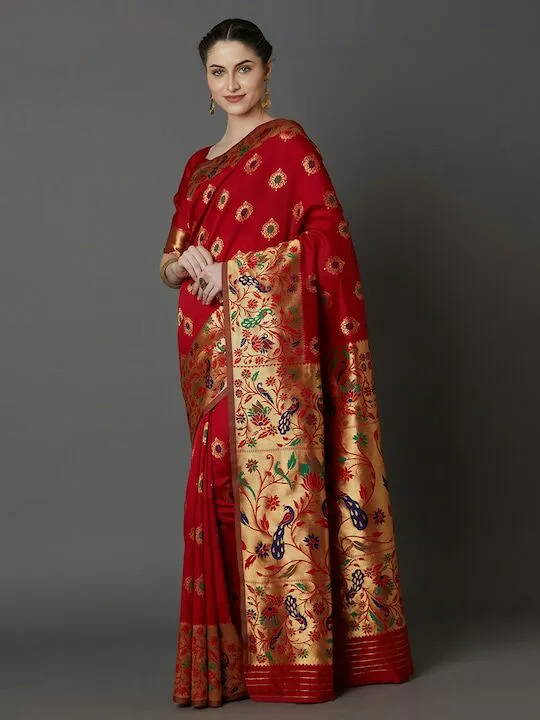 Mitera Navy red & Gold-Toned Silk Blend Woven Design Banarasi Saree Rs.32950 uploaded by RAJGHRANAA COUTURE on 6/9/2023
