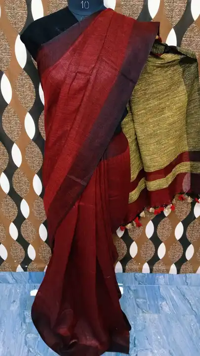 Pure linen sarees 120 count linen By Linen saree blouse contrast  uploaded by Silk linen sarees on 6/10/2023