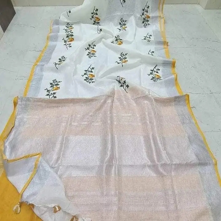 Linen imbodry work desine saree  uploaded by Peehu handloom  on 6/11/2023