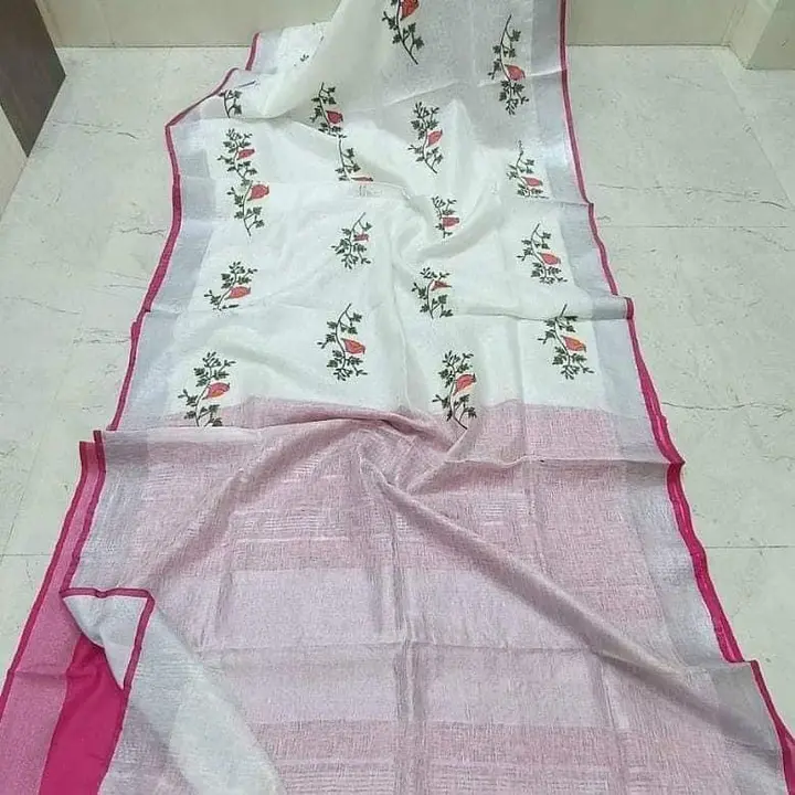 Linen imbodry work desine saree  uploaded by Peehu handloom  on 6/11/2023