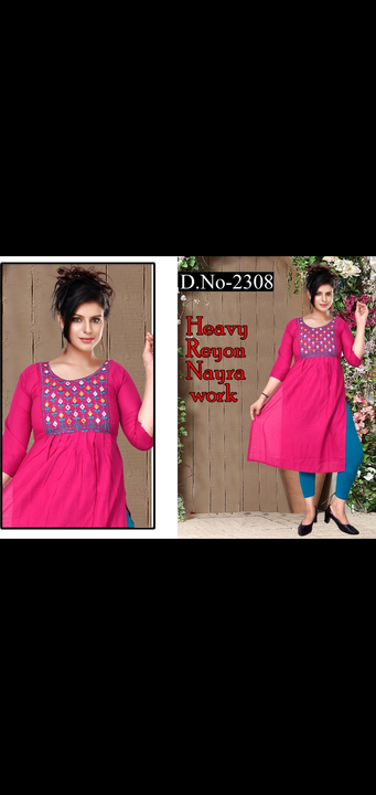 Naira cut kurtis fancy heavy reyon full half selevess uploaded by Radha Creation , Maira sales for Readymade items on 6/11/2023
