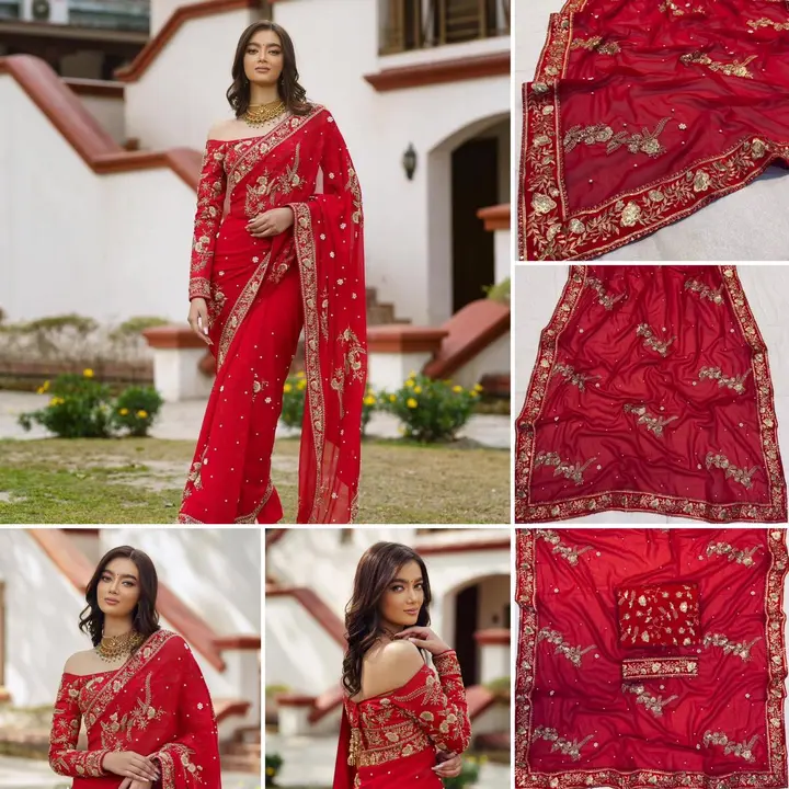 Red saree uploaded by Shree Maa Creation. on 6/12/2023