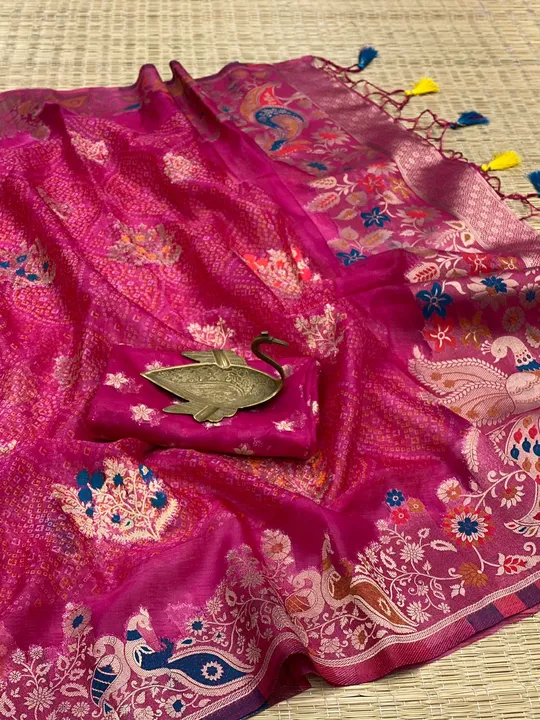 Pink colored organza silk bandhani printed saree uploaded by Celeb Styles on 6/12/2023
