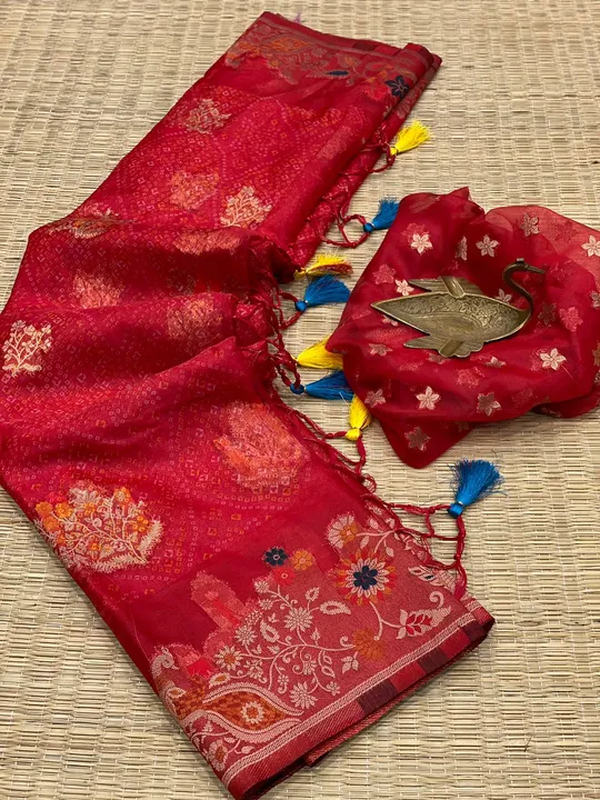 Red colored organza silk bandhani printed saree uploaded by Celeb Styles on 6/12/2023