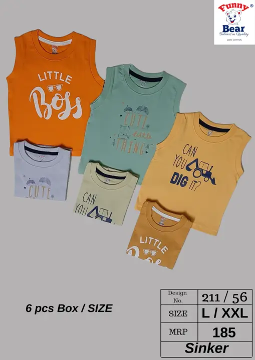 Funny Bear 100% Cotton For Baby Boys & Girls Casual Sleeveless RN GRS T-shirt Vest (L/XXL) uploaded by Priya Hosiery  on 6/12/2023