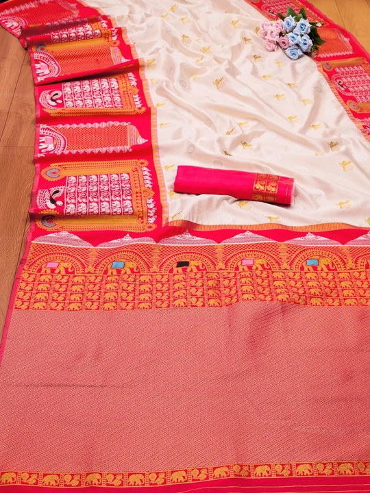 Georgette border and hevay pallu are plain blouse having sleeve border desing saree uploaded by DHANANJAY CREATIONS on 6/12/2023