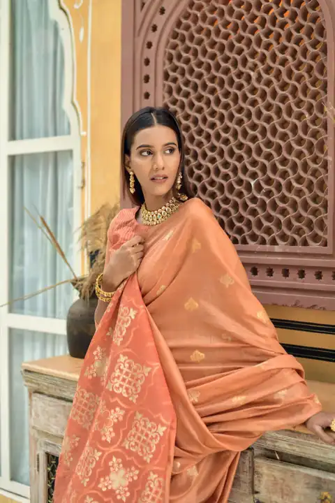 Post image 🌹Rutrang🌹
Chanderi silk saree with silver and copper zari weaves contrast fancy pallu and allover zari weaves butties with contrast zari linning blouse piece and fancy tassels
Premium quality assured 
Ready stock available