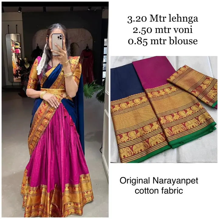 Post image Half Saree Now In Trend we believe in Quality 100% pure qaulity same as pic.

Original narayanpet cotton fabric border with blouse along with pure cotton Duppta !!

Lehanga : 3.20meters 
Blouse :0.85meter self blouse
Voni : 2.50 meters pure cotton Fabric

Price 1050₹+s
Contact no  9490264385