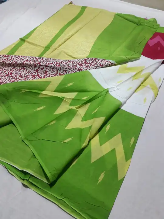   ikkat print saree with  plane & Printed blouse pc & jari piping Border

 uploaded by Chanderi handloom saree on 6/13/2023