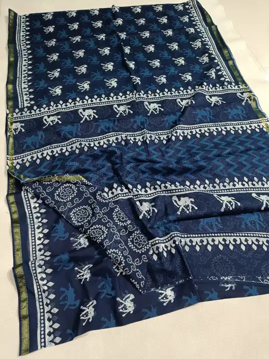 Handblock fancy indigo print mulmul cotton chanderi saree uploaded by Virasat handloom chanderi on 6/13/2023
