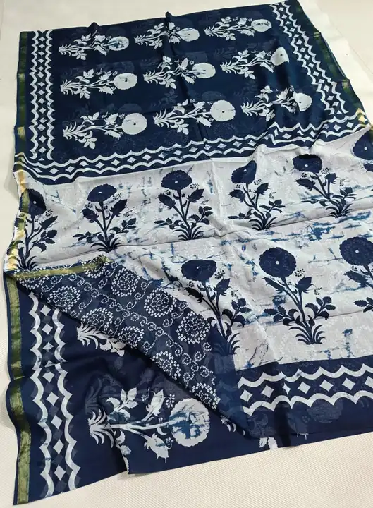 Handblock fancy indigo print mulmul cotton chanderi saree uploaded by Virasat handloom chanderi on 6/13/2023