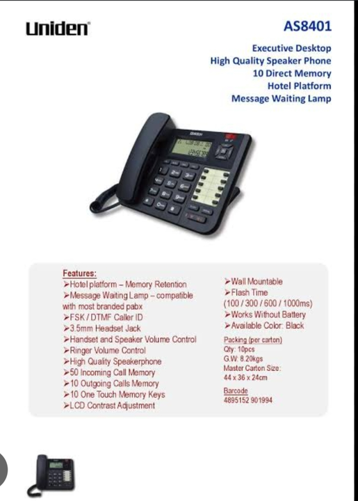 UNIDEN AS8401 Black Corded Landline Phone with Speakerphone & Caller ID uploaded by Shaksham Inc. on 6/14/2023