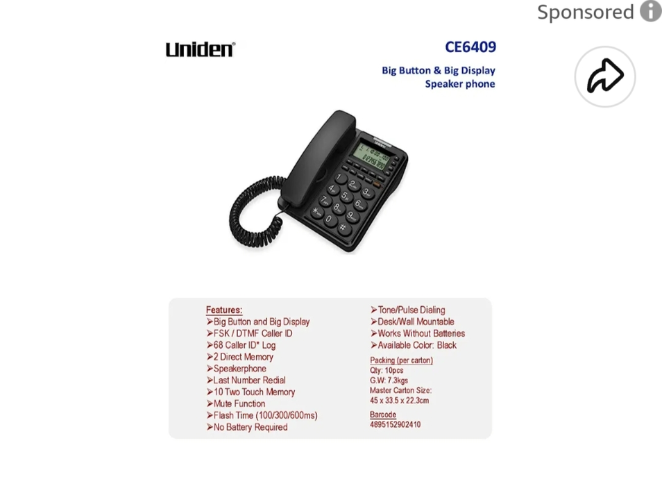 UNIDEN CE6409 Black Corded Landline Phone with Speakerphone & Caller ID FSK/DTMF uploaded by business on 6/14/2023