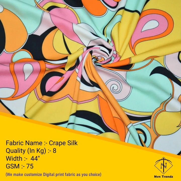 Crape silk Digital printed fabric  uploaded by Nvn trendz on 6/14/2023