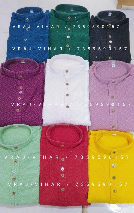 Post image *Premium Lakhnavi Chikankari Kurta Men*
✅Size : 32 to 42  ✅Cash on Delivery
✅Pure 100% Rayon Cotton Fabric
✅Minimum Order : 25 Piece
💰 *Price : ₹499/-*  ☎7359590157