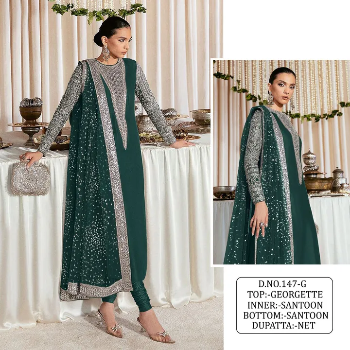 Post image *💫 We Are Launching New Pakistani Design… 💫*

        *✨ KF - 147(8 COLOR)✨*

💵 *RATE:-1300*✅

*Single Free shipping*

*🎗FABRIC DETAILS:-🎗*

*TOP:-*
Heavy Fox Georgette With Multi Threads Work &amp; Jari And Sequence Embroidery Work

*SLEAVE:-* Heavy Fox Georgette With Multi Threads Work &amp; Jari And Sequence Embroidery Work 

*DUPATTA:-*
Heavy Net With Sequence Embroidery Work&amp; Latkan

*BOTTOM:-* Heavy Santoon

*INNER:-* Heavy Santoon
*LENTH:-*  45’’Inch+
*SIZE:-* Max 56” Inch+
*WEIGHT:-* 1 Kg
*TYPE:-* Semi Stitch 

*Set To Set &amp; Single Available*
*WASH:-* First Time Dry Clean
*Ready To Ship *

*🎗IMAGINE THE NEXT LEVAL OF FASHION🎗*