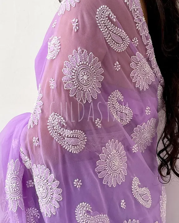 Chicken work saree lb uploaded by pink Rose fashion Store  on 6/15/2023