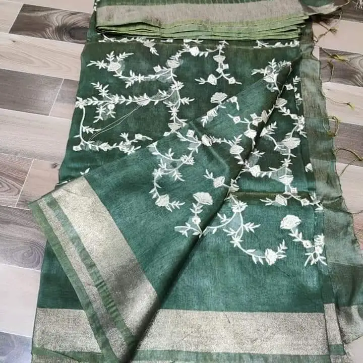 Silk linen embroidery work saree uploaded by WeaveMe India on 6/15/2023