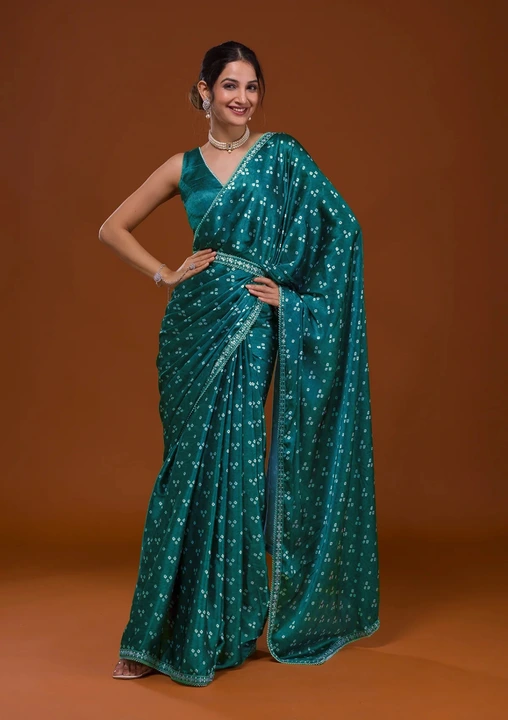 Gorgeous looking pure satin silk saree with digital print and embroidery work on saree  uploaded by Teeya Creation on 6/16/2023