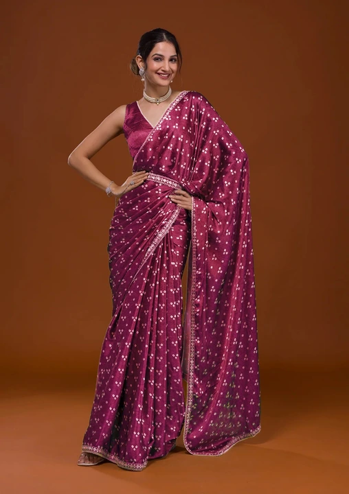 Gorgeous looking pure satin silk saree with digital print and embroidery work on saree  uploaded by Teeya Creation on 6/16/2023