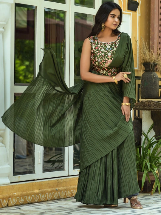 Traditional look half half concept pleated saree with embroidery work blouse and belt  uploaded by Teeya Creation on 6/16/2023