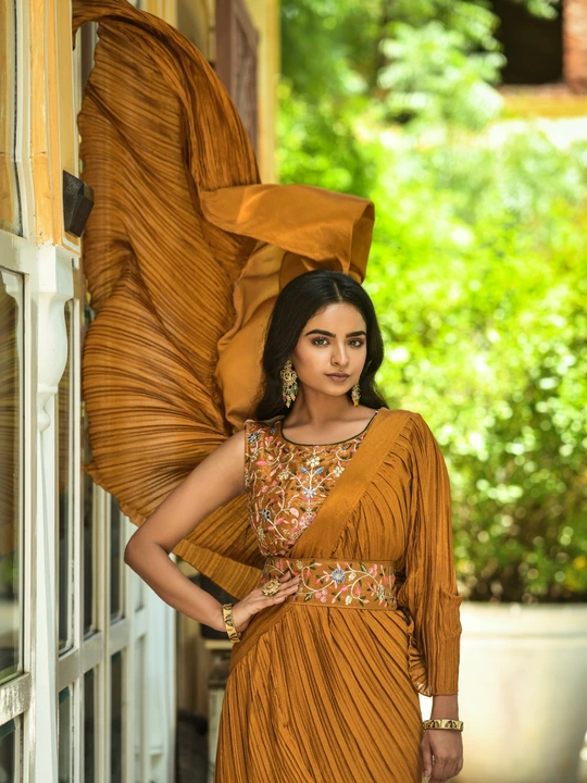 Traditional look half half concept pleated saree with embroidery work blouse and belt  uploaded by Teeya Creation on 6/16/2023