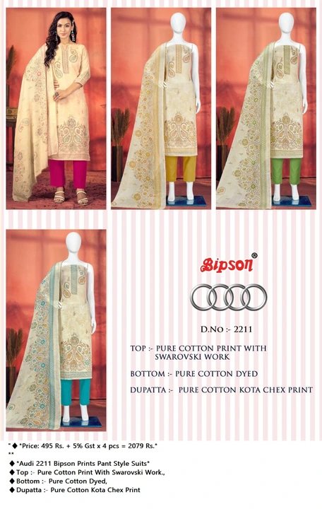 "
 Sr no.85898
 *Audi 2211 Bipson Prints Pant Style Suits*

Top :- Pure Cotton Print With Swarovski  uploaded by Roza Fabrics on 6/16/2023