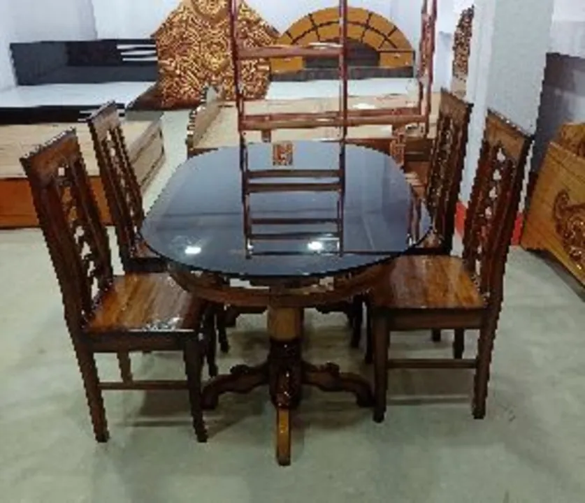 Dining table with 6 chairs top glass with tuffun  uploaded by Classic furniture handicrafts work on 6/16/2023