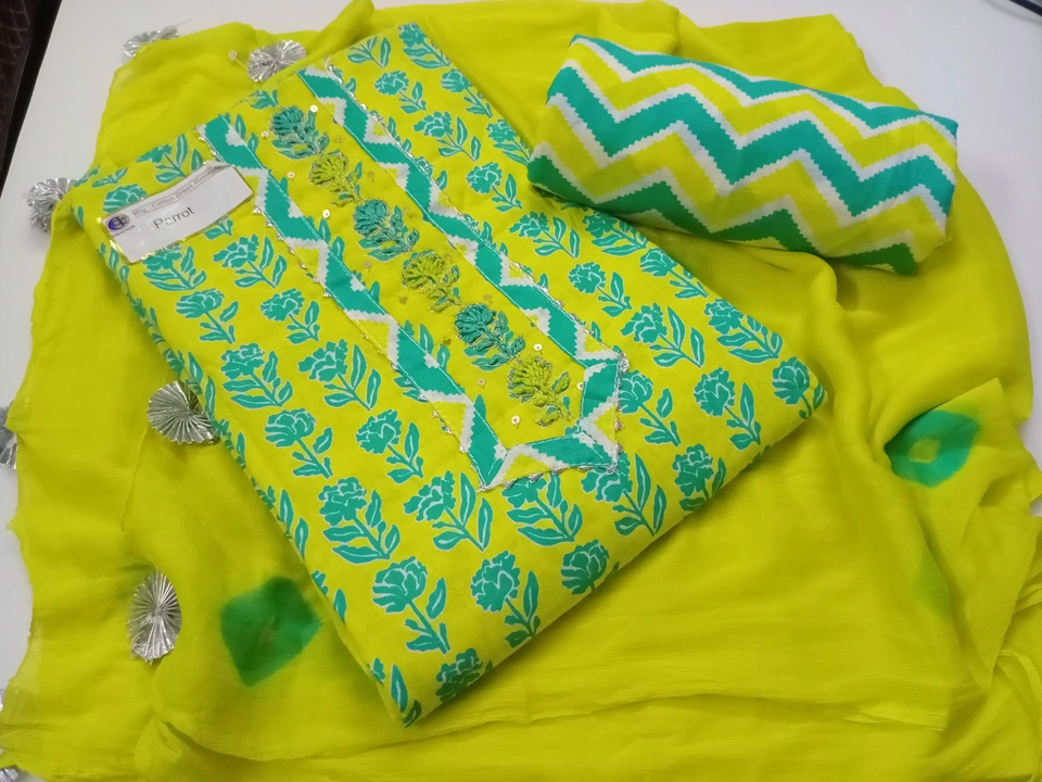 Women's Yellow Floral Printed Cotton Suit with Chiffon Dupatta uploaded by business on 6/16/2023