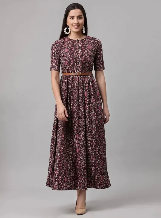 Fit Flare Long Crepe Dress with Belt (Wine) uploaded by business on 6/16/2023