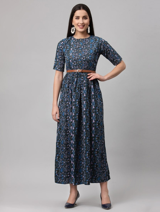 Fit Flare Long Crepe Dress with Belt (Blue) uploaded by business on 6/16/2023