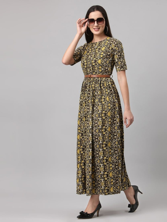 Fit Flare Long Crepe Dress with Belt (Yellow) uploaded by business on 6/16/2023