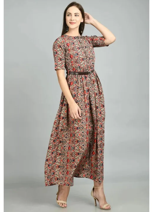 Fit Flare Long Crepe Dress with Belt (Brown) uploaded by business on 6/16/2023