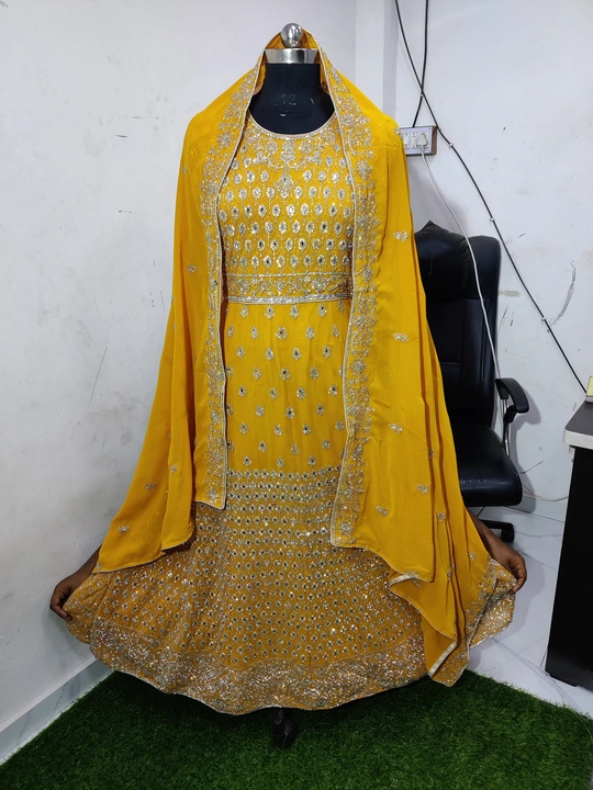 Fox Georgette kali gown with heavy work with full zarkan+mirror  uploaded by Humera fashion on 6/16/2023