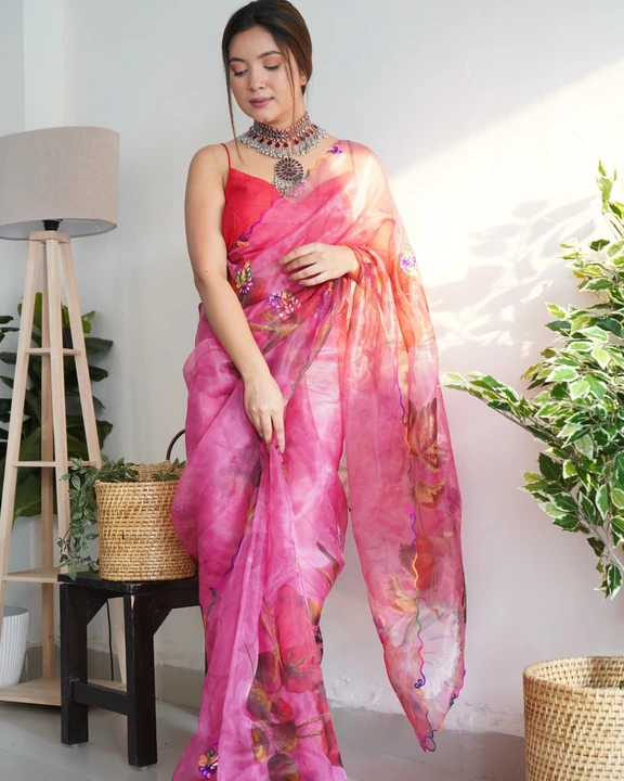 Post image Hey! Checkout my new product called
Floral printed dillagi  cut worked pure organza saree.