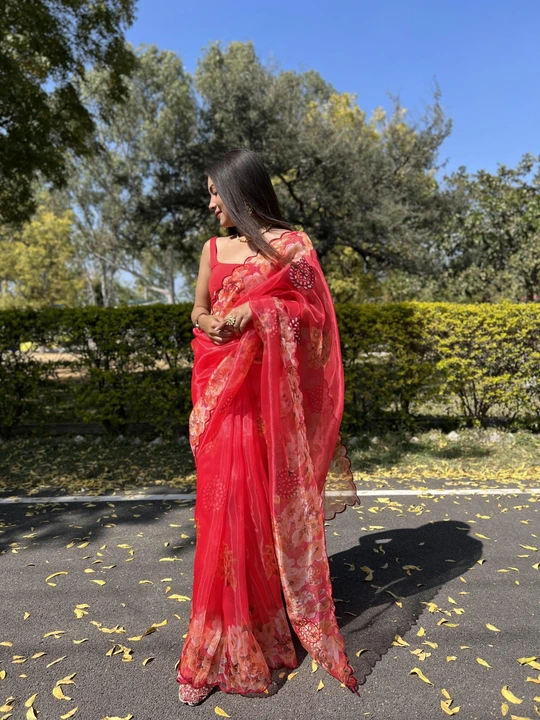 Cut worked dillagi red pure organza saree uploaded by Organza mall on 6/17/2023