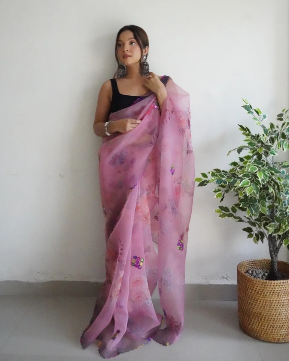 Low pink cut worked pure organza saree with floral print uploaded by Organza mall on 6/17/2023