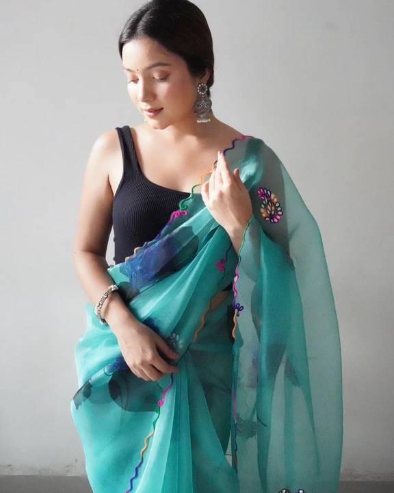 Aqua blue floral printed and cutworked pure organza saree uploaded by Organza mall on 6/17/2023