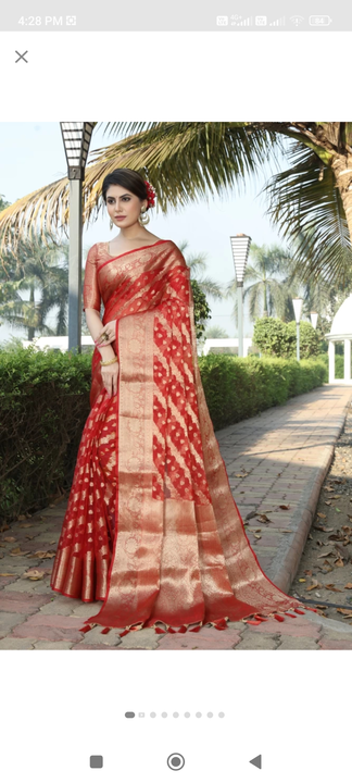 Post image Organza silk saree
Latest collection 
Saree length- 5.50mts
Blouse length-0. 80mts