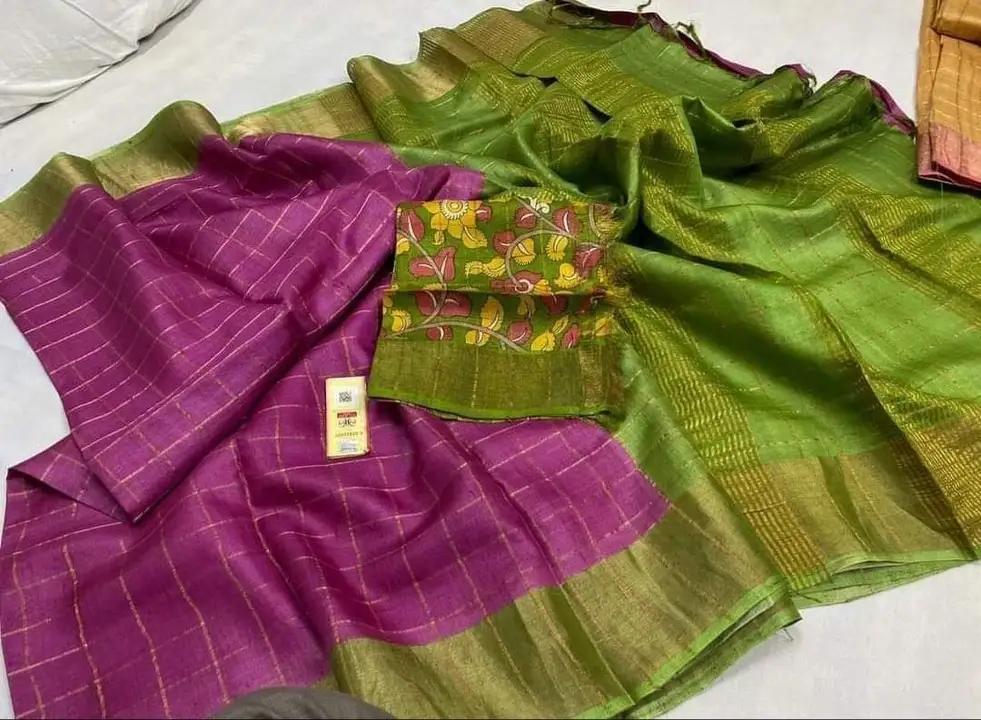 Post image 👉Hand painted  kalamkari Blouse pcs nd plain dye saree
👉Zori border tussar cheque 
👉With blouse pc saree length 6.5mtr
👉 4100/-
👉shipping free
👉Silkmark certified 
👉 Ready to despatche 
👉International courier available