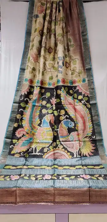 Cheque tussar kalamkari saree uploaded by Patralekha Textile on 6/17/2023