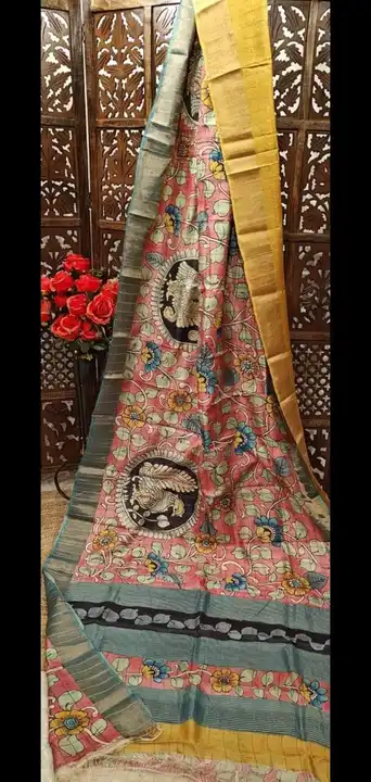 Cheque tussar kalamkari saree uploaded by Patralekha Textile on 6/17/2023