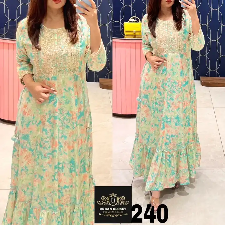 Post image *.   URBAN CLOSET*
       **240*
*Rayon ANARKALI Gown*
         
Fabric Description 
*Gown* Beautiful Rayon Fabric Flairy Gown Having Beautiful sequence embroidery 
*Length* :53”inchs 
*Size* : 38-40-42-44"inch


Rate:1299/-
Ship extra 
     **  READY TO DISPATCH **