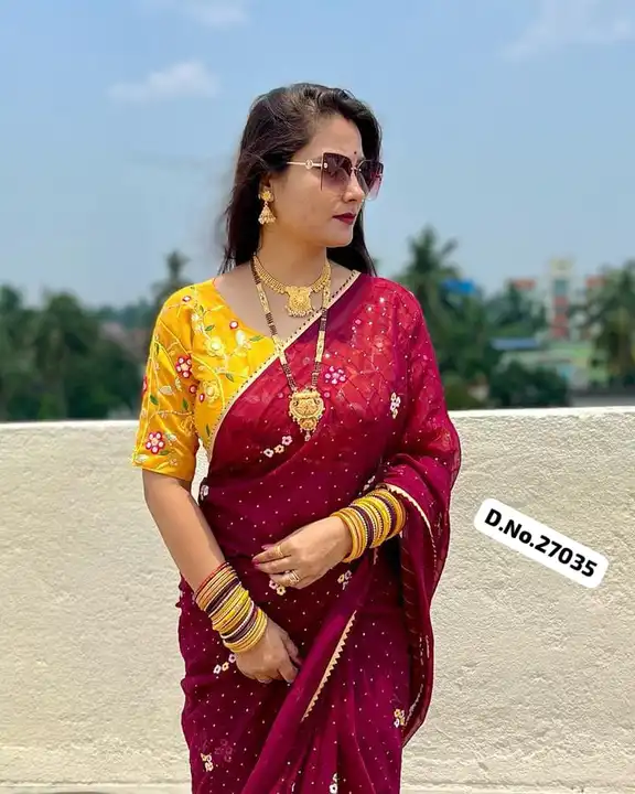 *🥻WE ARE LAUNCHING NEW SUPERHIT WINE COLOR SEQUINS EMBROIDERED WORK SAREE WITH FULL WORK STITCH BLO uploaded by Maa Arbuda saree on 6/19/2023