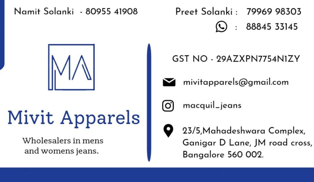 Visiting card store images of Mivit Apparels