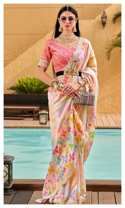 Georgette Embroidered Printed Saree With Banglori Silk Worked Blouse Piece Material uploaded by Celeb Styles on 6/21/2023