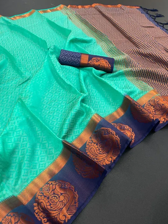 kanjivaram Silk saree, Very Soft,Full Zari & Contrast exclusive Peacock Figure Mega Size Border. Emb uploaded by Celeb Styles on 6/21/2023