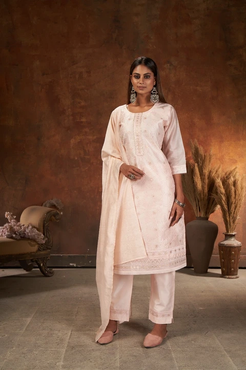 Light Peach colour Modal Chanderi Designer Straight salwar suits  uploaded by V B Sons on 6/21/2023