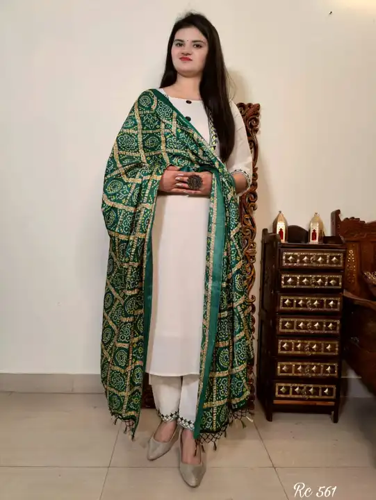 *Cotton Kurti With Pant And Bandhej Printed Silk Dupatta with Tussels. Kurti Has Embroidery Detail O uploaded by JAIPURI FASHION HUB on 6/21/2023